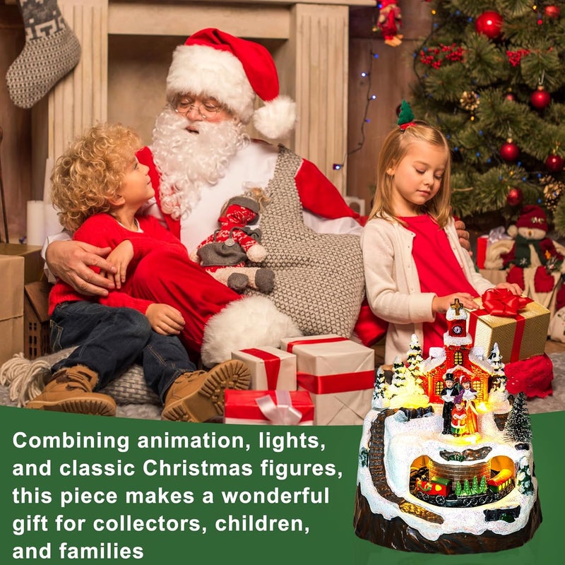 MXwcy Animated Christmas Village Decoration – Lighted Church Choir & Moving Train on Snowy Mountain – Holiday Collectible Statue Centerpiece - Image 5